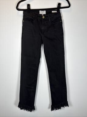 Frame Jeans Womens 25 Black Crop Mini Le High Straight Fringe Hem Stretch Denim